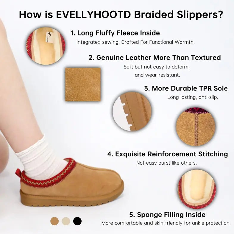 Women's Braided Leather Outdoor Suede Slippers Mini Platform Boots with Fluffy Fur Lining Short Ankle Boots for Autumn Winter Warm Walking Shoes