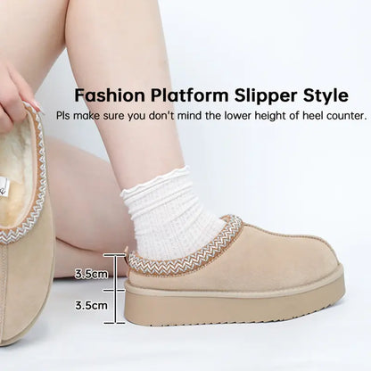 Women's Braided Leather Outdoor Suede Slippers Mini Platform Boots with Fluffy Fur Lining Short Ankle Boots for Autumn Winter Warm Walking Shoes